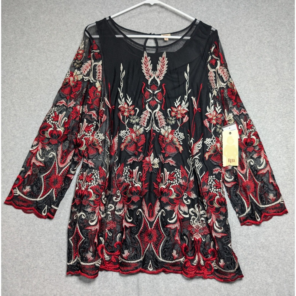 Reba Womens Tunic Top Medium Floral Embroidered Mesh Bell Sleeve Romantic